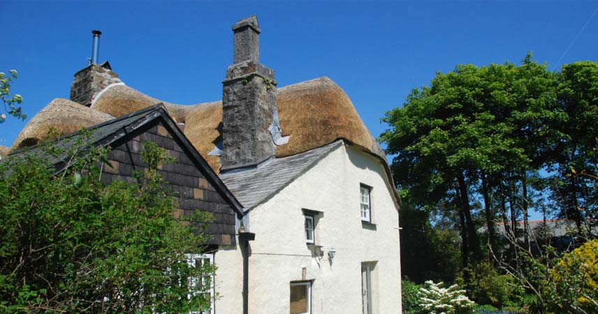 Farmhouse cottage at Bosinver on a sunny day, with a focus on the thatched roof.