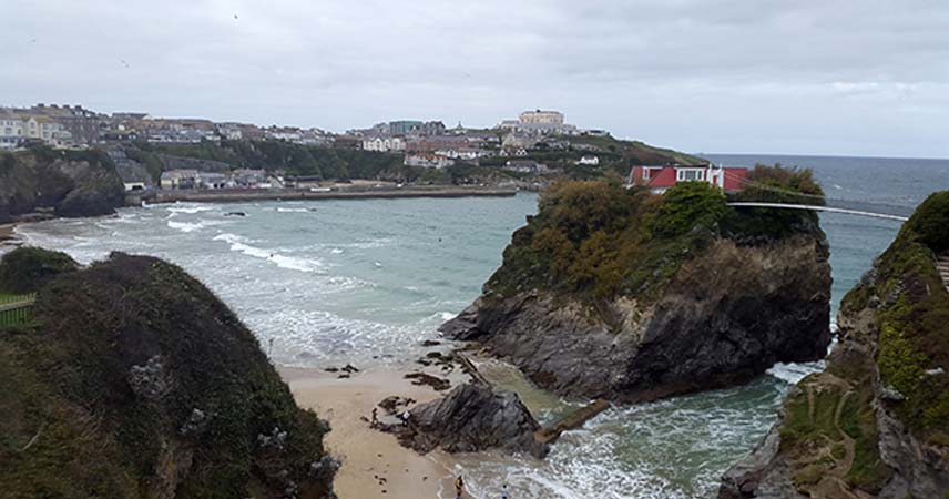 Aerial photo of a coastal section of the Newquay heritage walk in Cornwall.