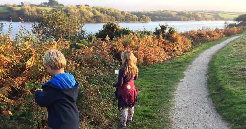 Two children picking blackberries for a bush with Argal Lake in the background.