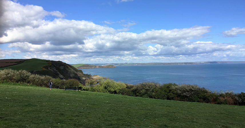 View of the sea with a dogwalker in the background.