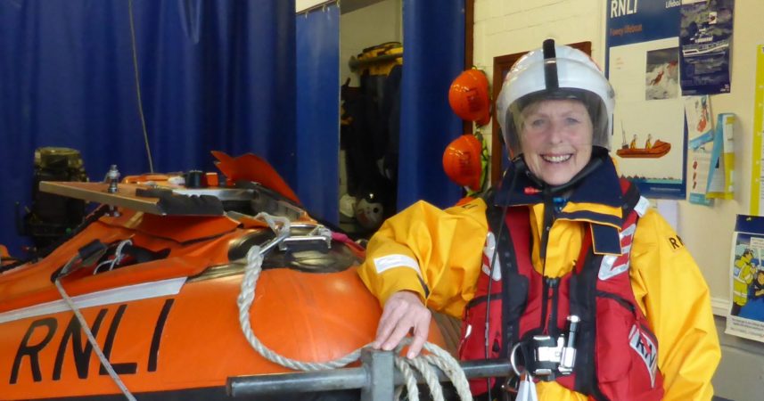 Pat Smith, aka Action Nan promoting her walk in full RNLI kit before her walk