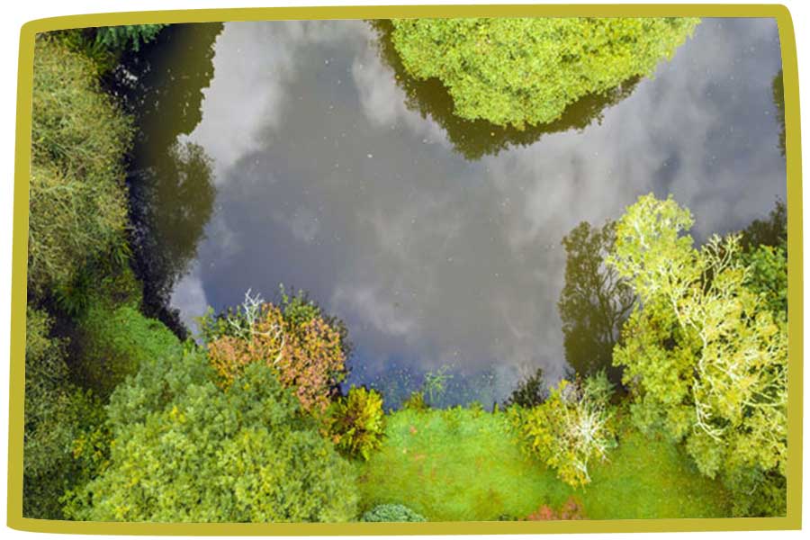 Aerial shot of a bend in a river, surrounded by fields.