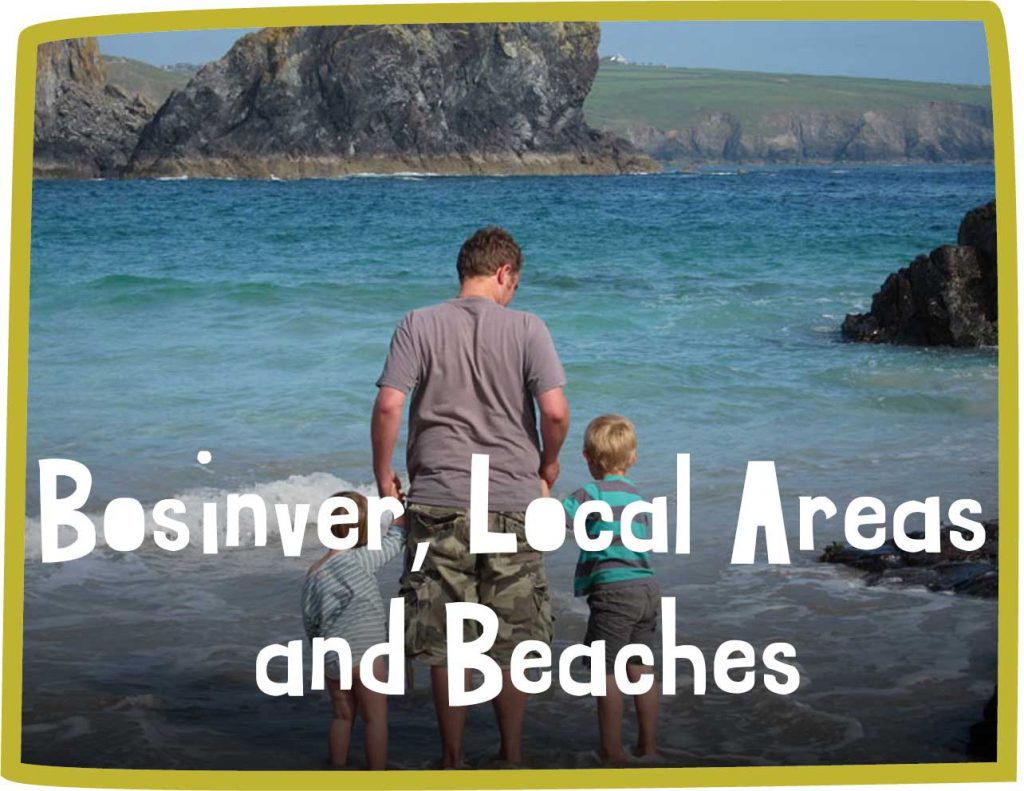 Green framed image of a man and two children at the waters edge with white text reading 'Bosinver, Local Areas and Beaches'
