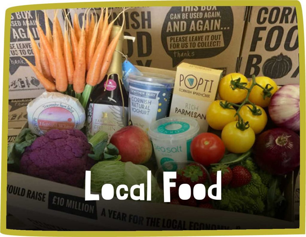 green framed image of a food produce box. White text reads 'local food'