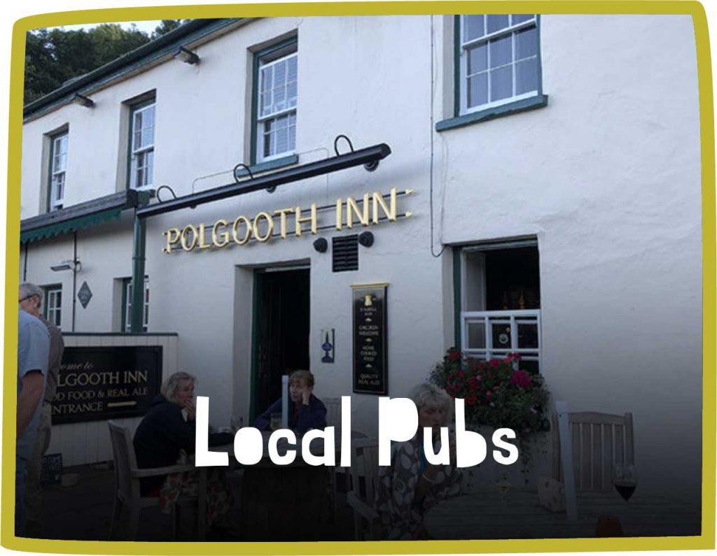 Green framed image of the outside of the Polglooth Inn, Cornwall. White text reads 'local pubs'