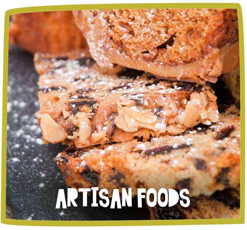 Close up of baked goods made from almonds and raisins baked in Cornwall.