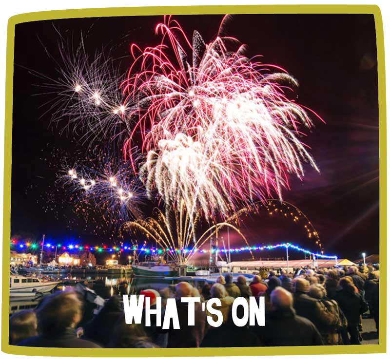 Fireworks over a harbour in Cornwall with a large crowd watching.