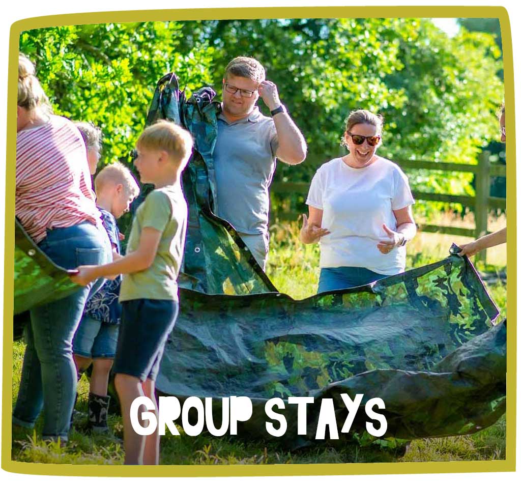 Families smiling and setting up tents outside at Bosinver.