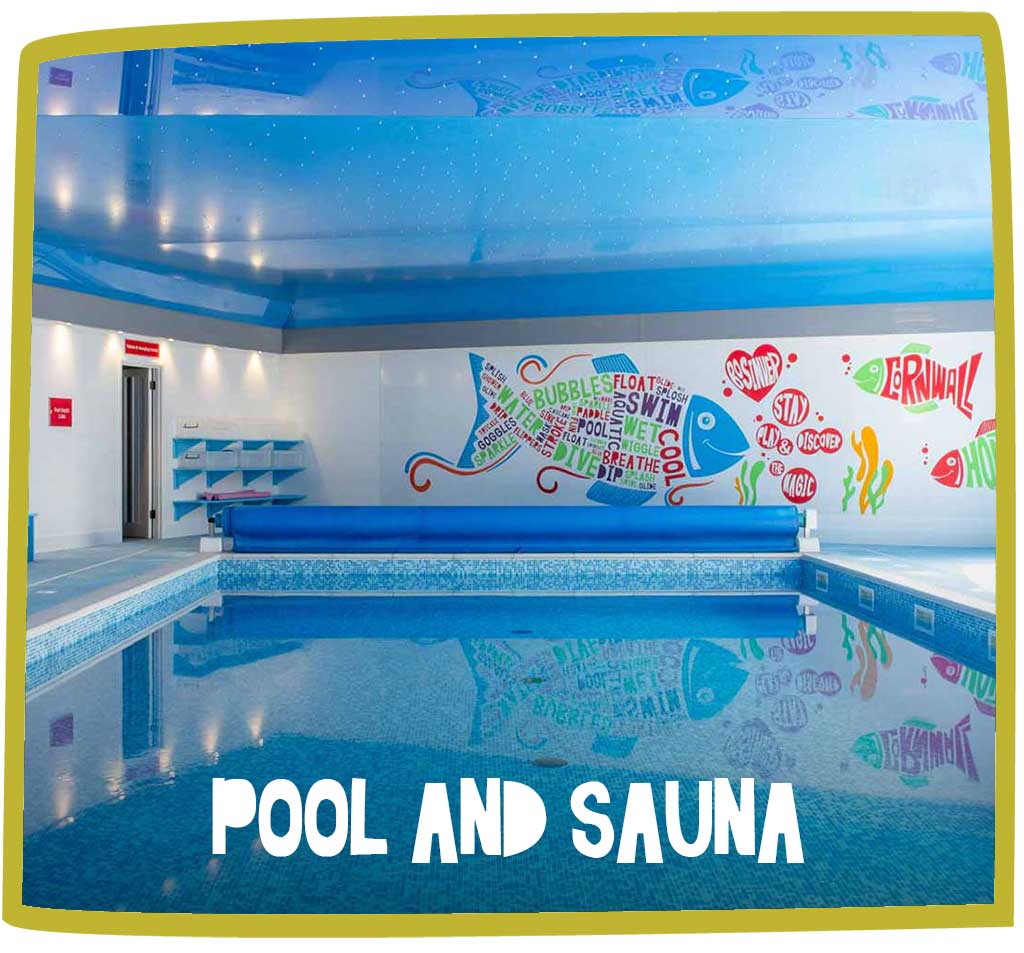 Swimming pool at Bosinver with mural on the back wall.