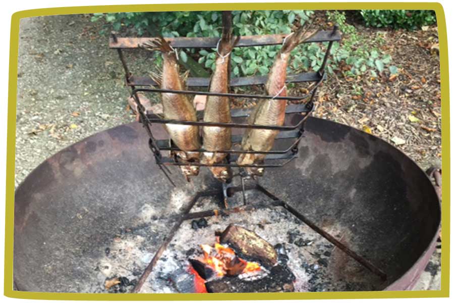 Three fish grilling over a fire outside at Bosinver.